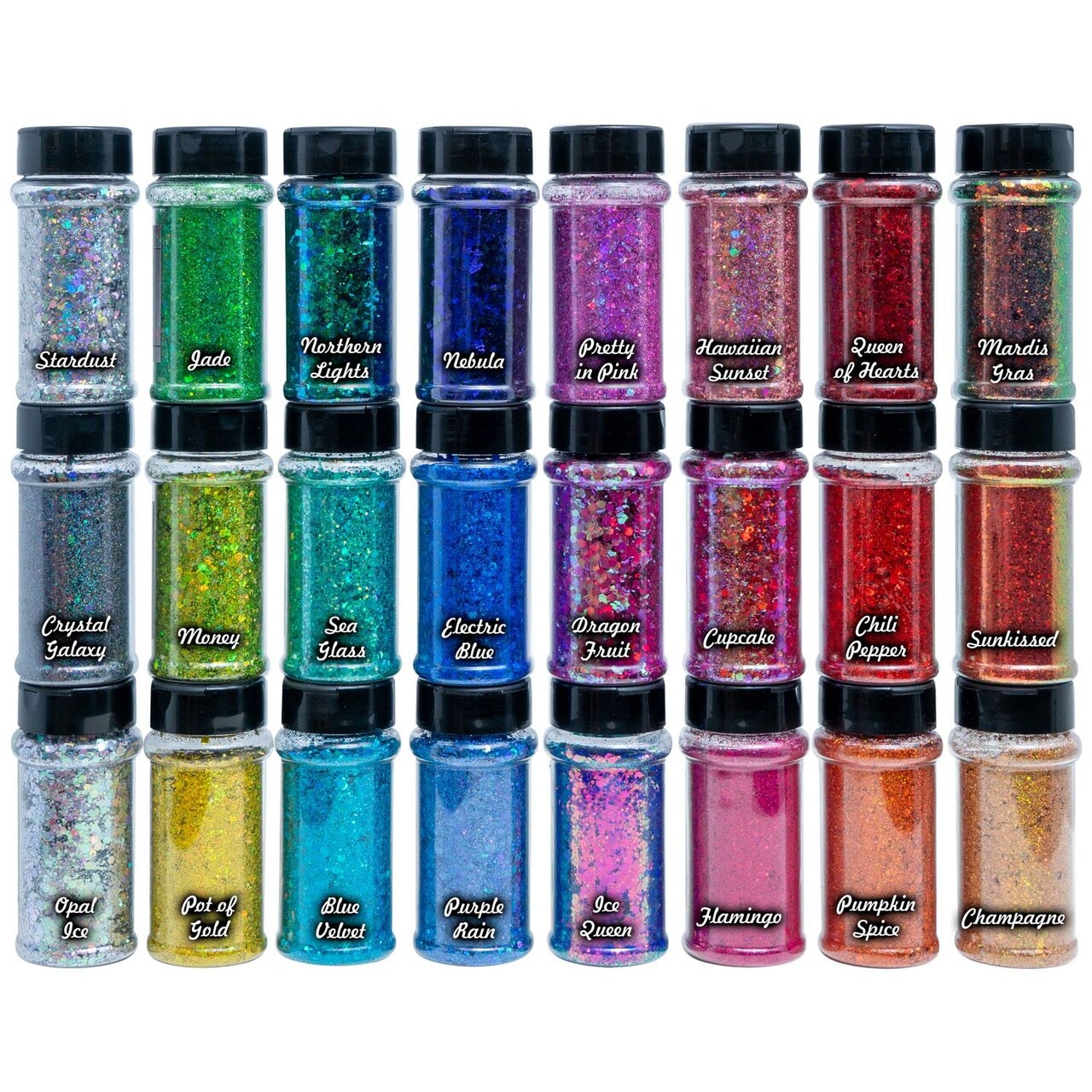 Makerflo Holographic Chunky Glitter Variety Set Iridescent Glitter for Resin Arts and Crafts, DIY Tumblers, Body Nail, Glitter for Any Crafts and Personalization - Set of 24 / 2 oz Each